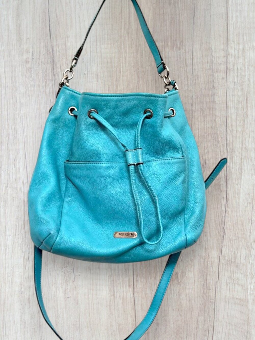 Coach F27003 Aqua Blue Pebbled Leather Drawstring Bucket Bag Crossbody Purse
